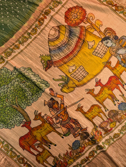 Pure Chiniya Silk X Hand knitted bandhani - Mehandi Green