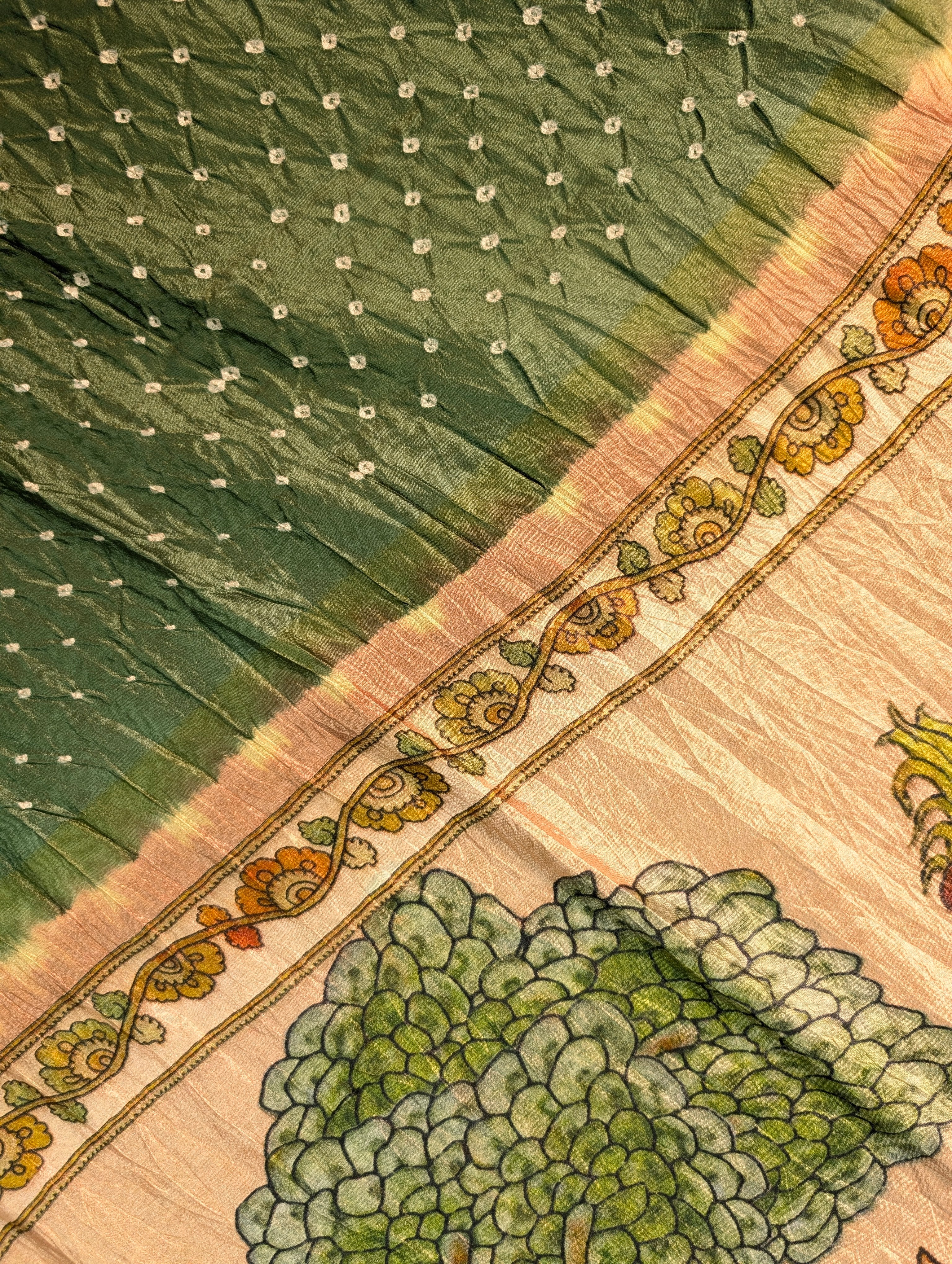 Pure Chiniya Silk X Hand knitted bandhani - Mehandi Green