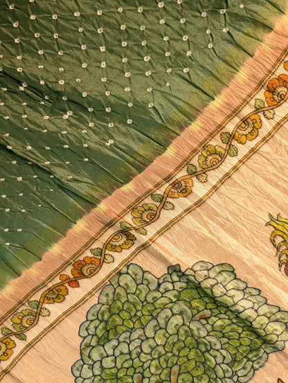 Pure Chiniya Silk X Hand knitted bandhani - Mehandi Green