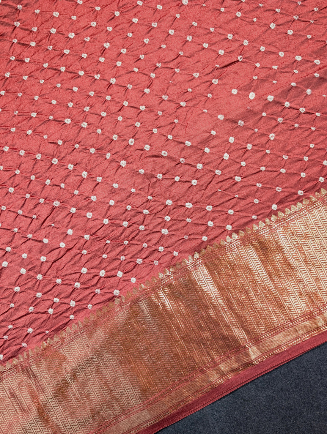 Pure Chiniya Silk X Hand knitted bandhani - Terracota Red