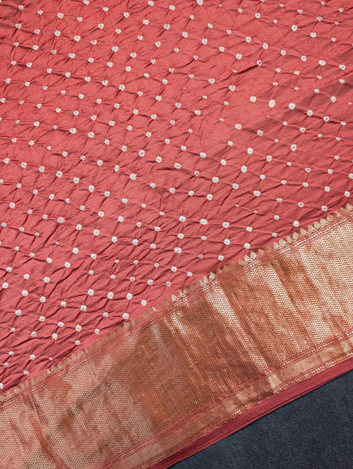 Pure Chiniya Silk X Hand knitted bandhani - Terracota Red