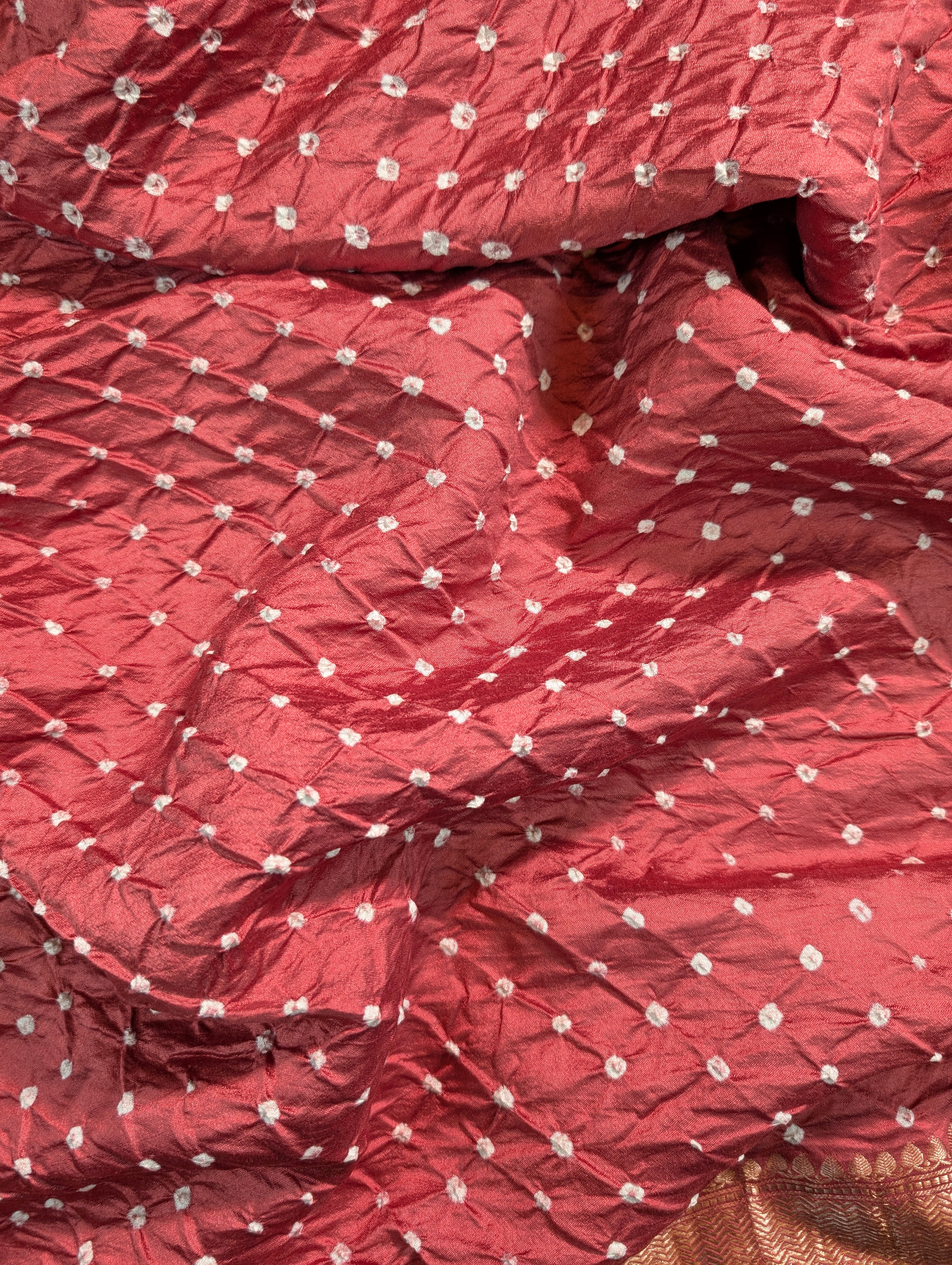 Pure Chiniya Silk X Hand knitted bandhani - Terracota Red