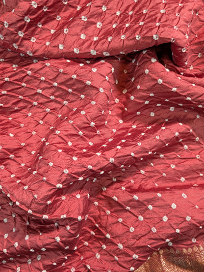 Pure Chiniya Silk X Hand knitted bandhani - Terracota Red