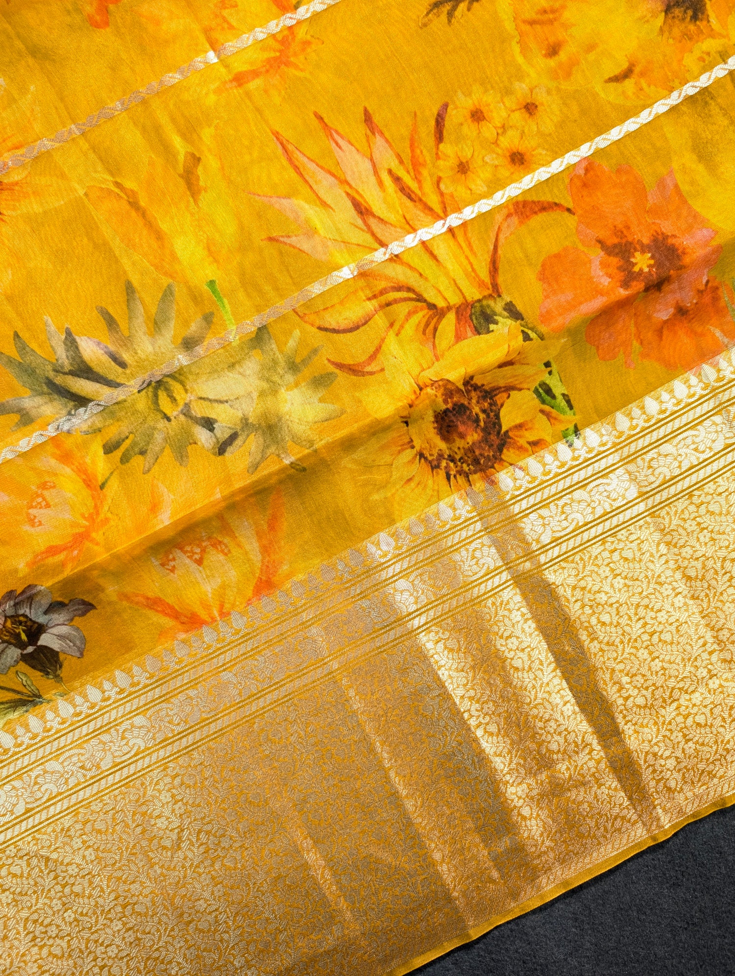 Pure Organza X Mustard Yellow Floral Saree with Zari Border