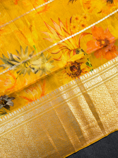 Pure Organza X Mustard Yellow Floral Saree with Zari Border