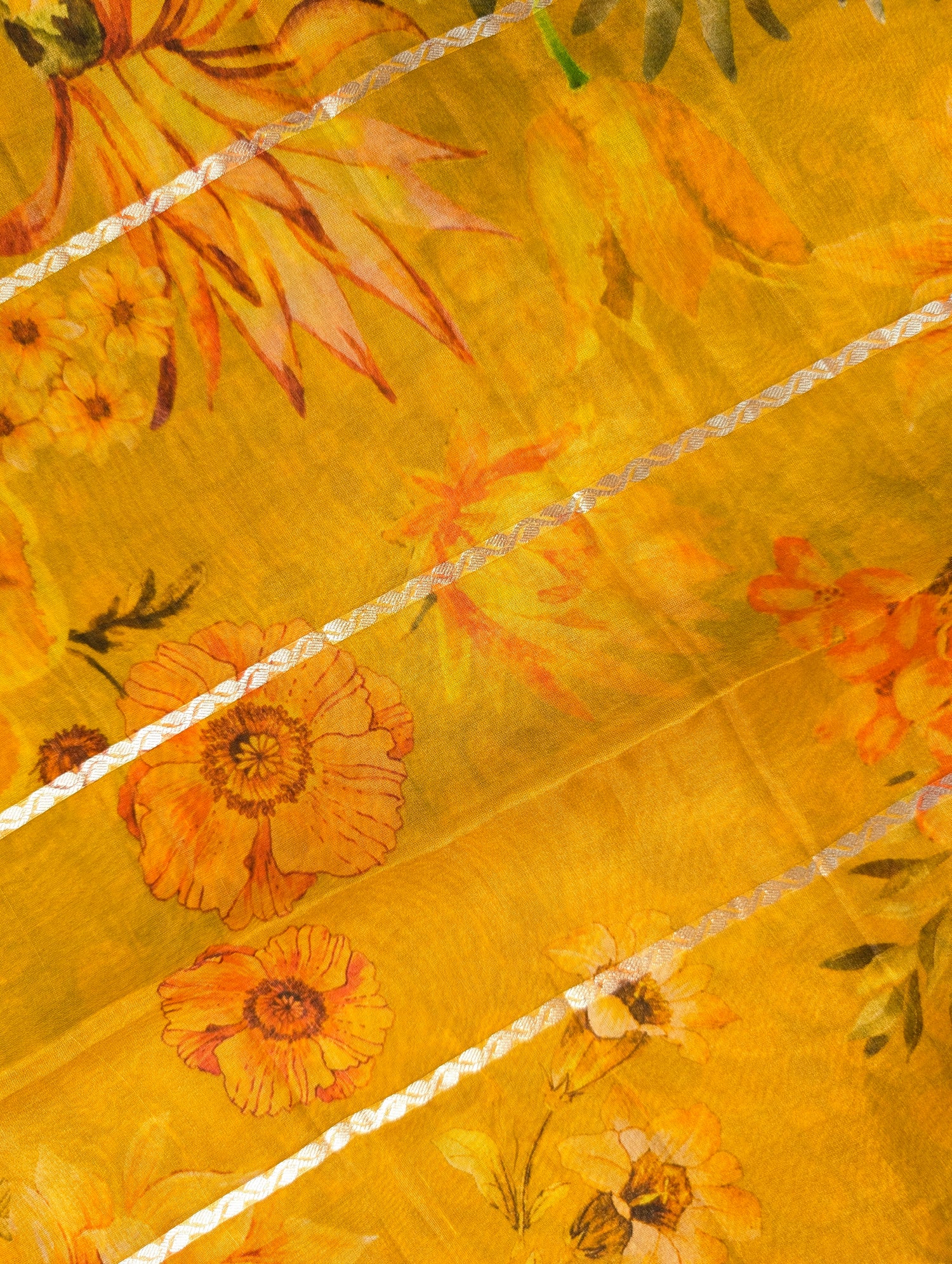 Pure Organza X Mustard Yellow Floral Saree with Zari Border