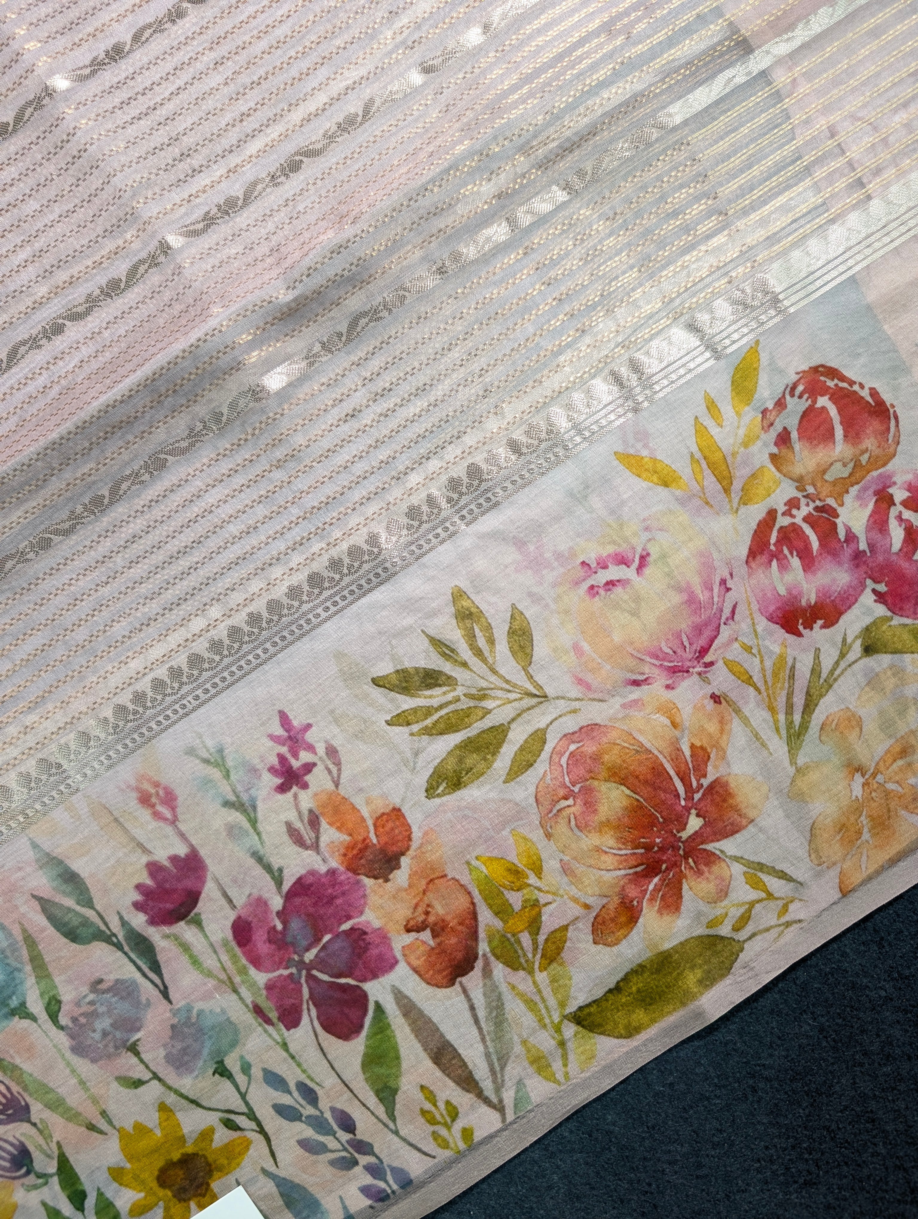 Pure Organza Saree with floral print border - Pastel Blue