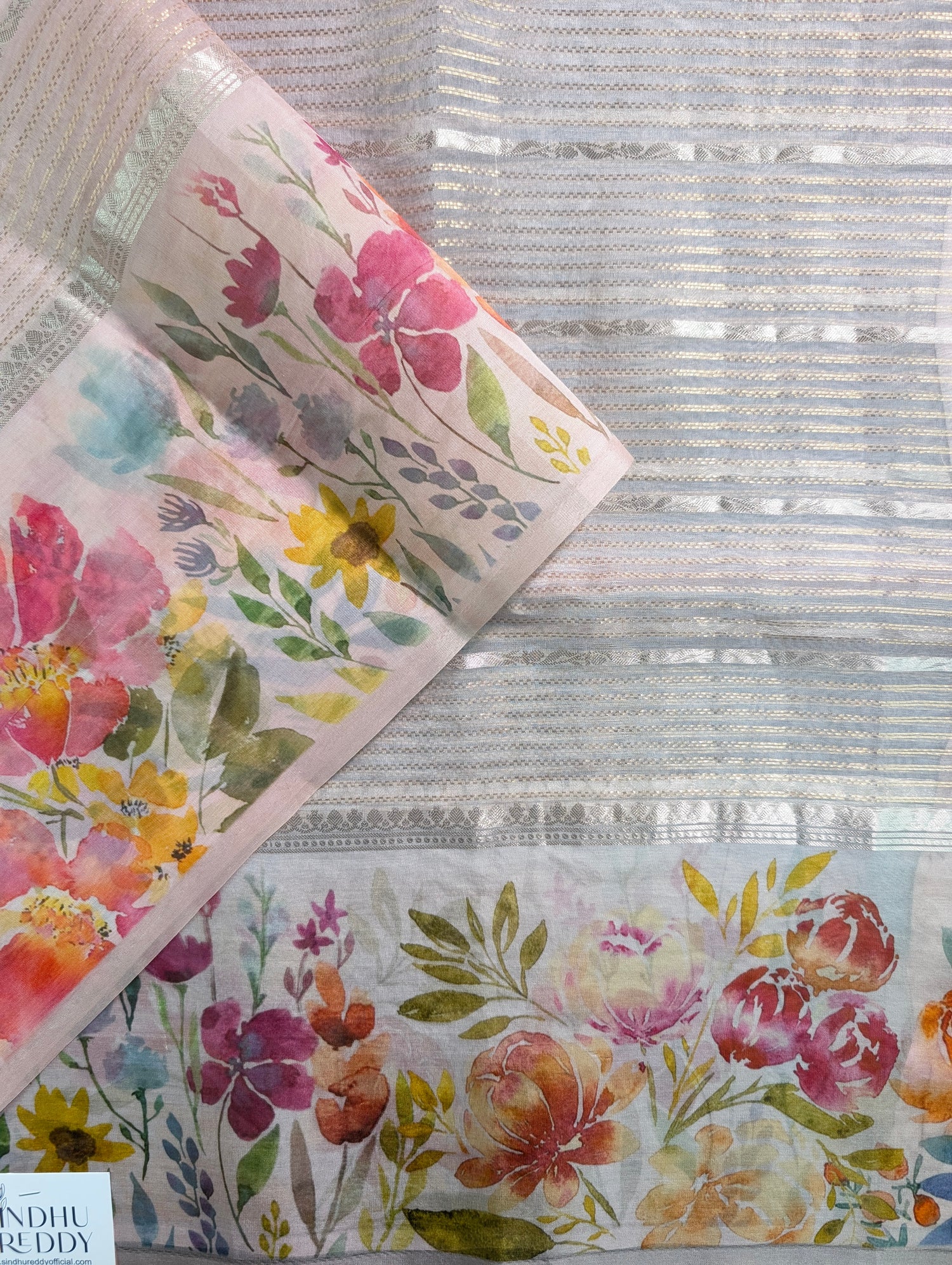 Pure Organza Saree with floral print border - Pastel Blue