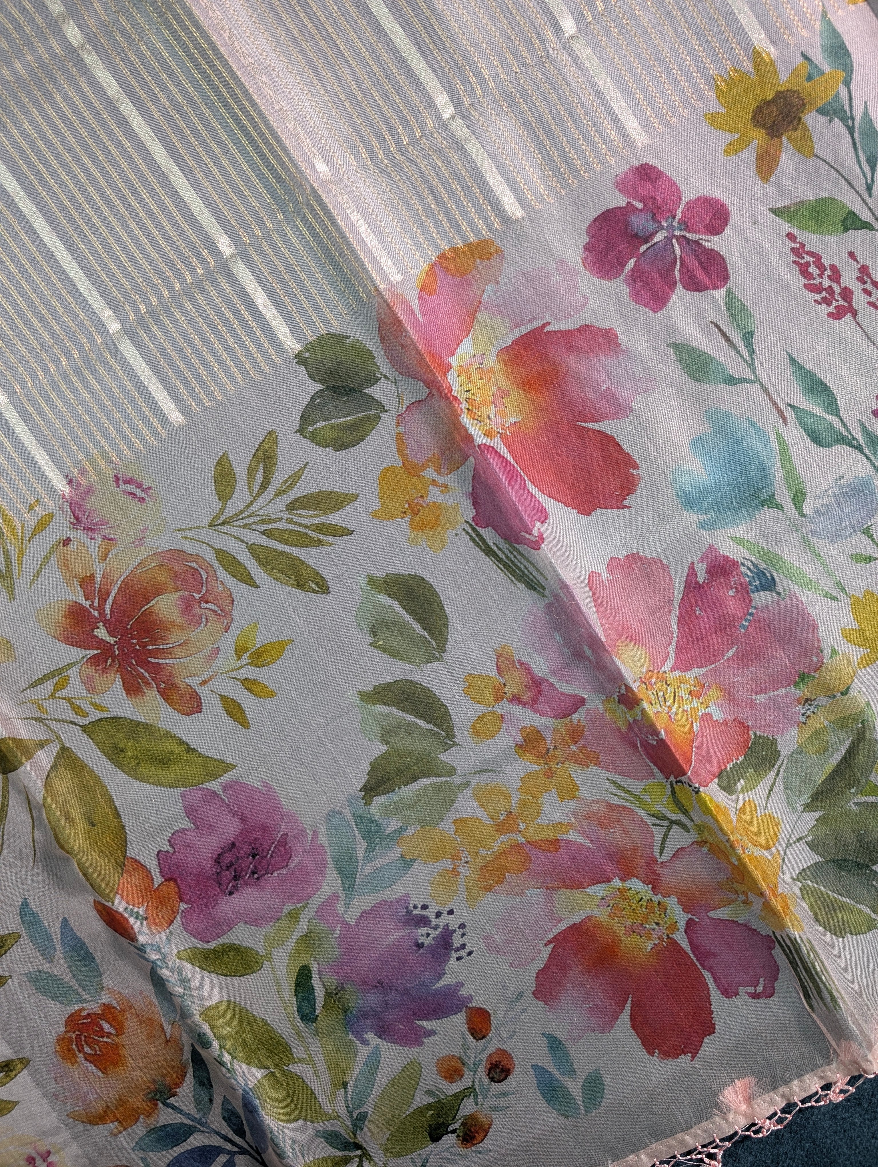 Pure Organza Saree with floral print border - Pastel Blue