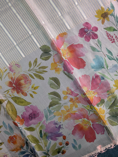 Pure Organza Saree with floral print border - Pastel Blue