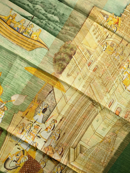 Pure Tussar Silk - Heritage Miniature Art Print in Meadow Green