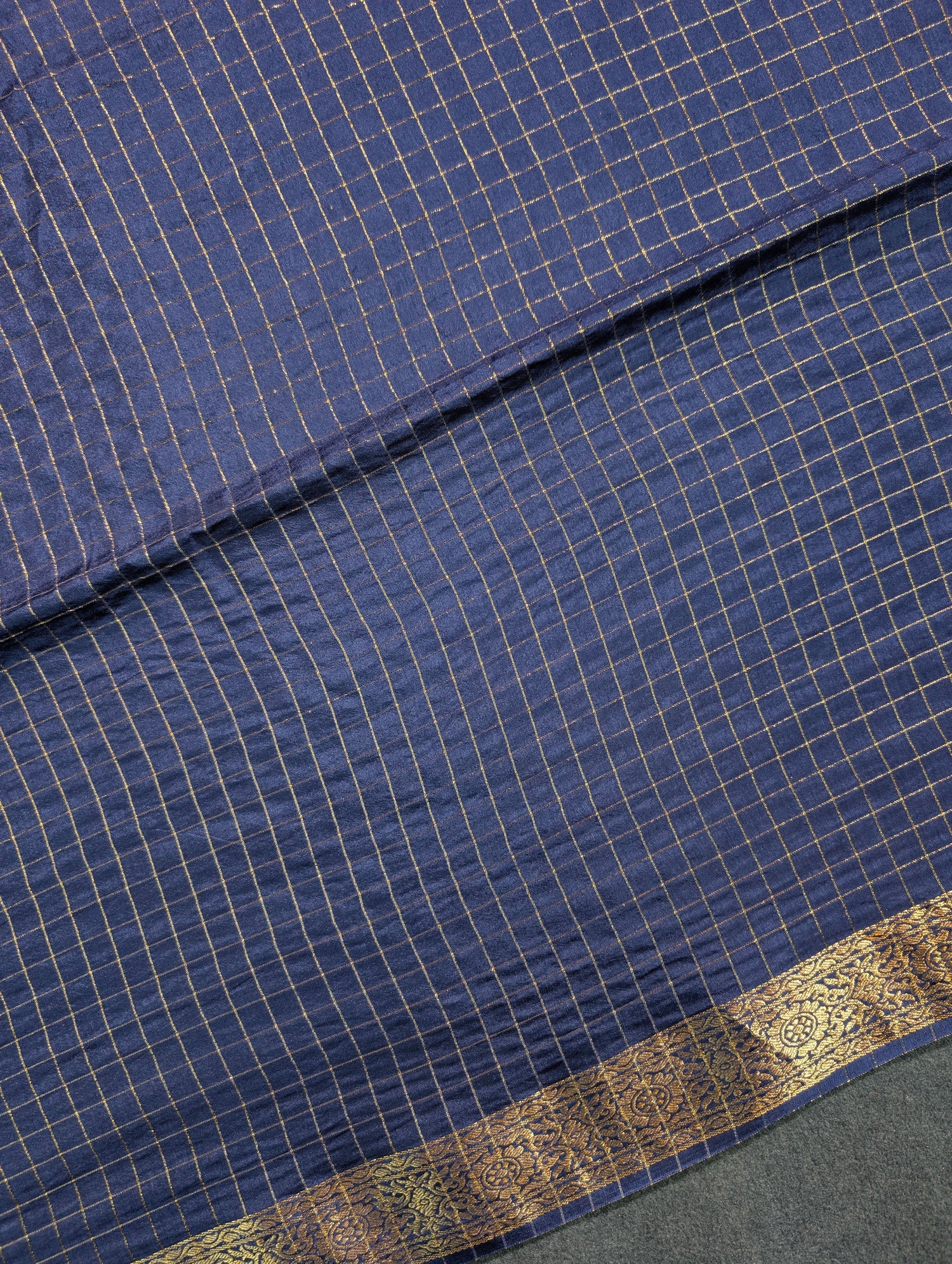Navy Blue Checks Saree with Zari Border