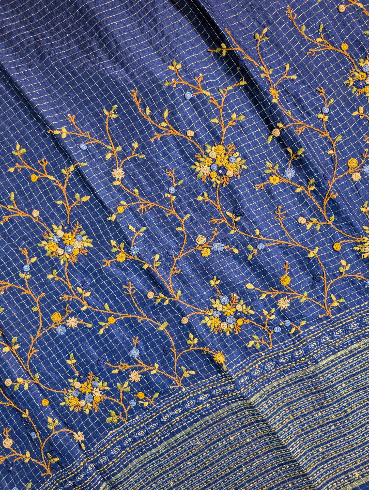 Navy Blue Checks Saree with Zari Border