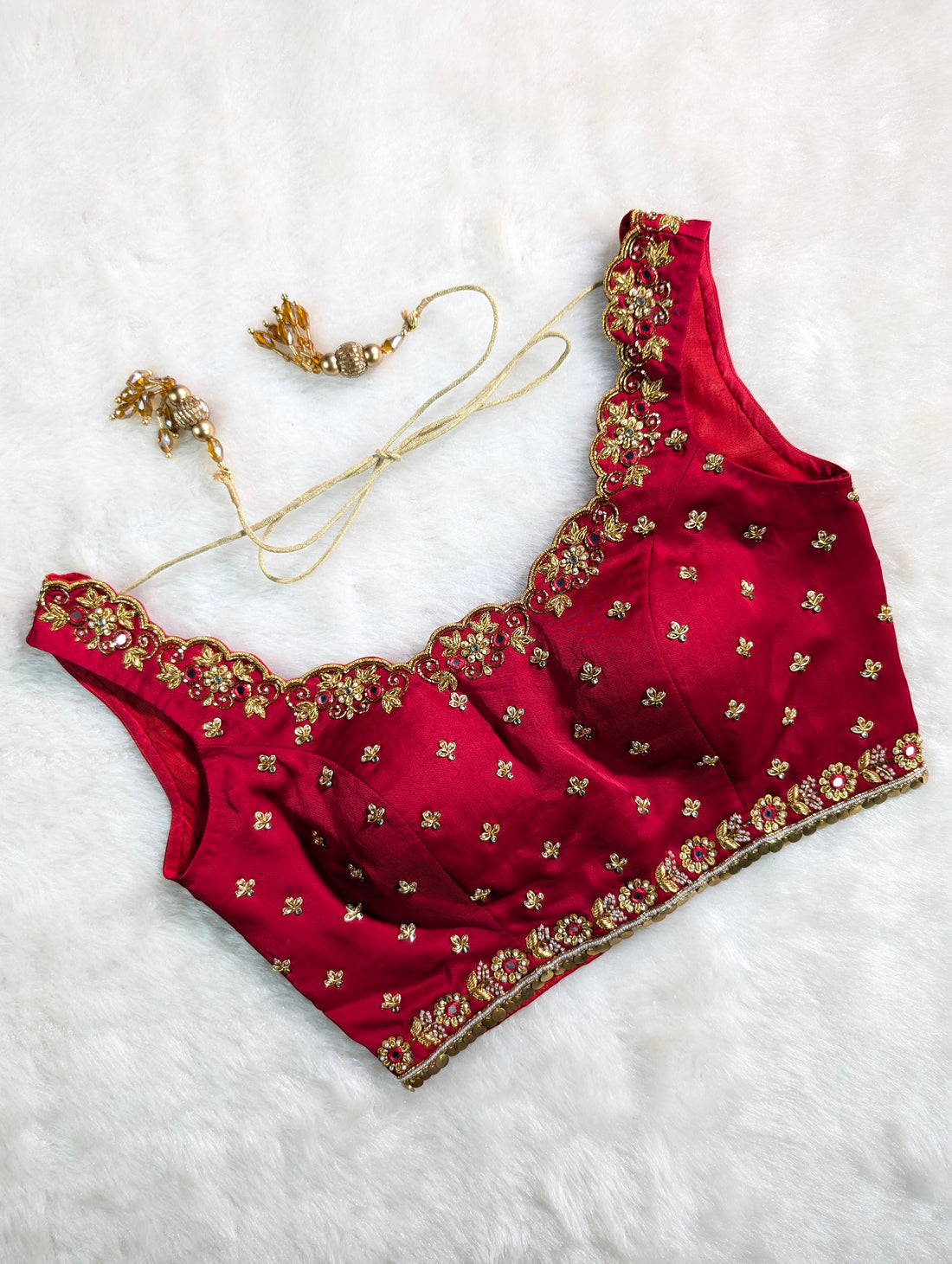 Maroon Red Embroidered Bridal Blouse with Tassel Tie-Up