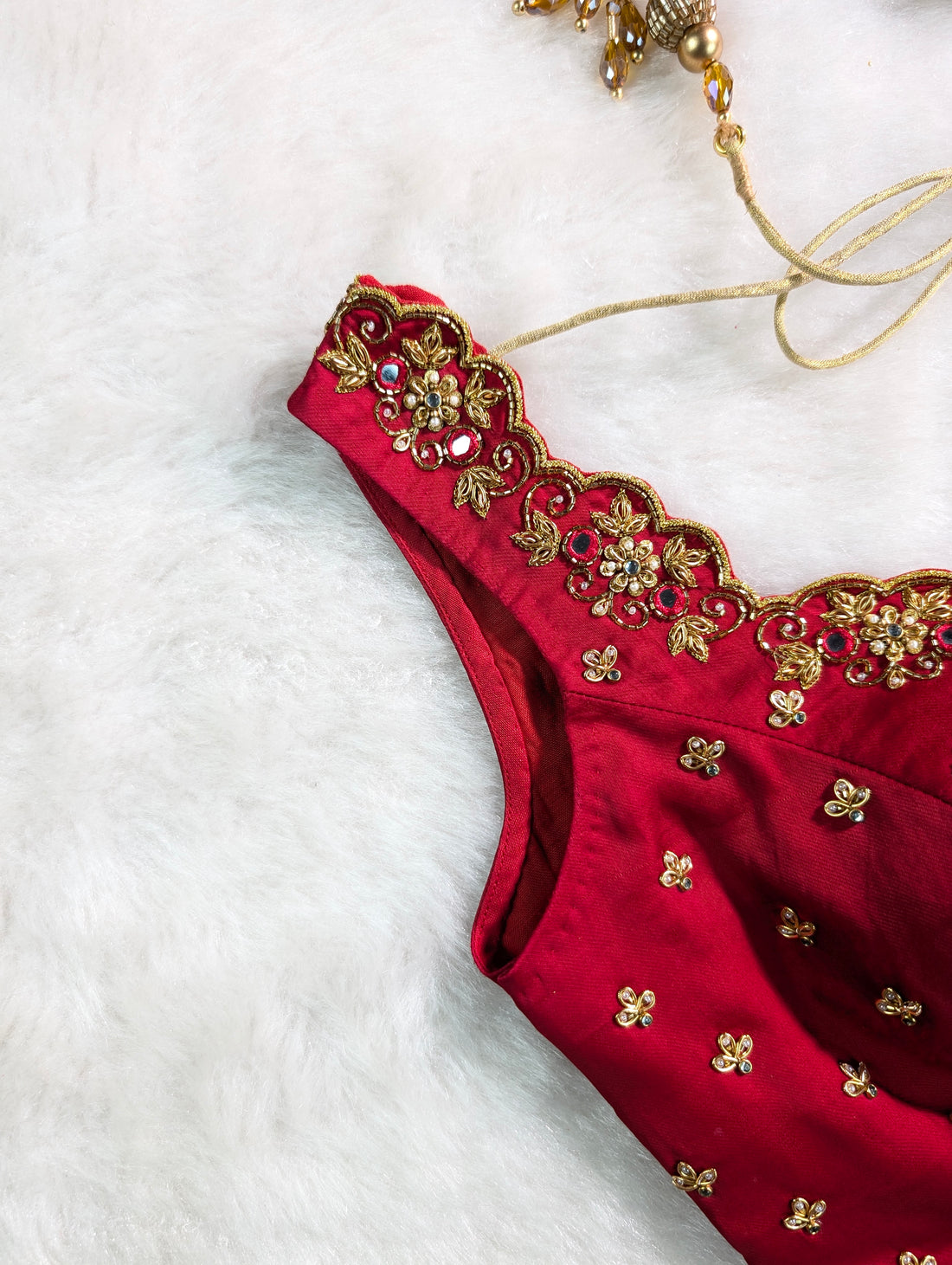 Maroon Red Embroidered Bridal Blouse with Tassel Tie-Up