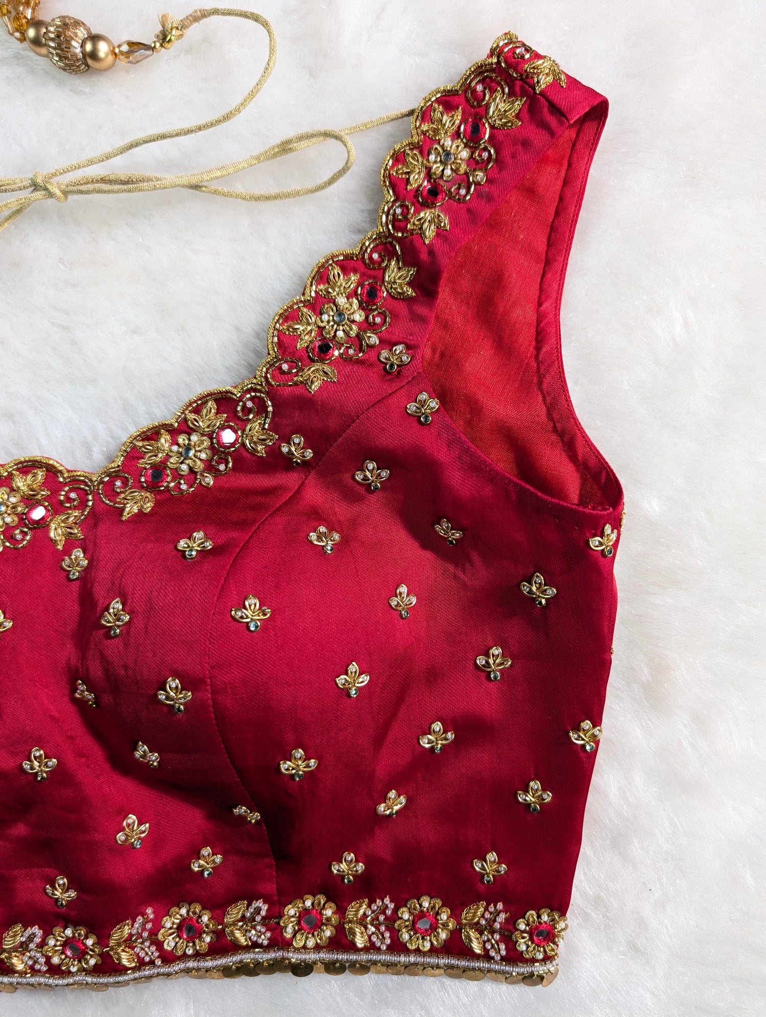 Maroon Red Embroidered Bridal Blouse with Tassel Tie-Up