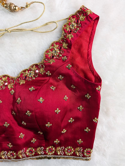 Maroon Red Embroidered Bridal Blouse with Tassel Tie-Up