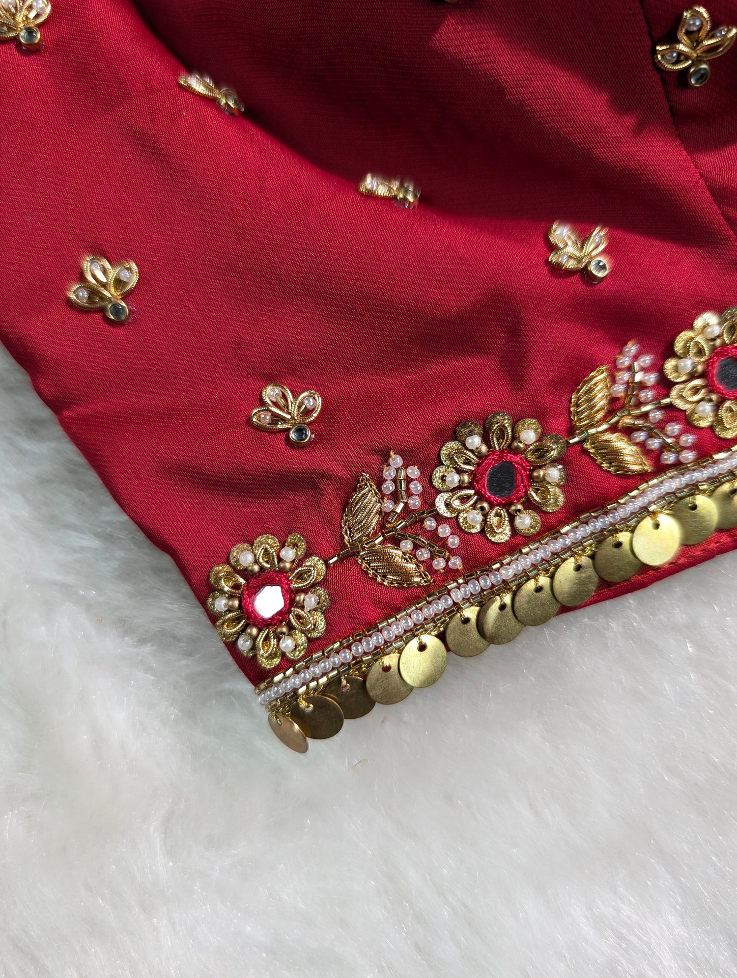 Maroon Red Embroidered Bridal Blouse with Tassel Tie-Up