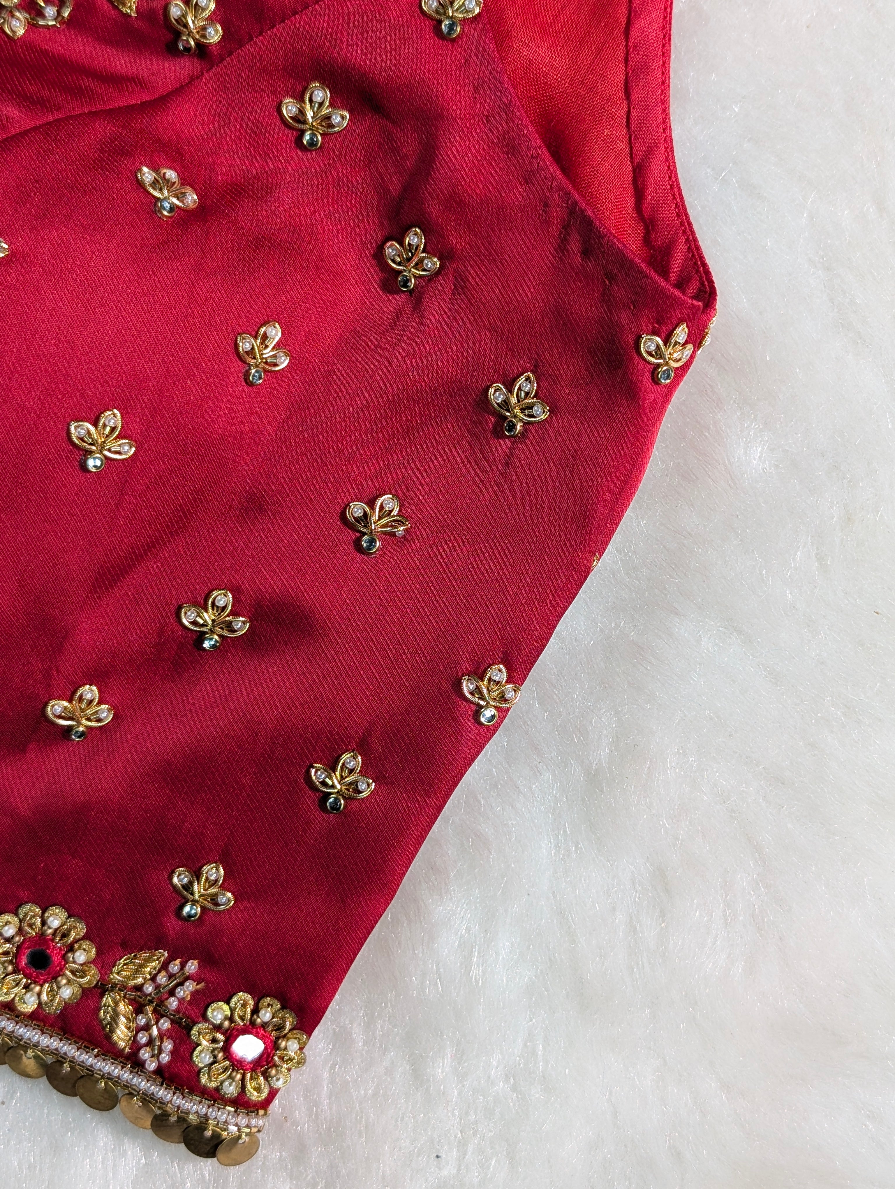 Maroon Red Embroidered Bridal Blouse with Tassel Tie-Up
