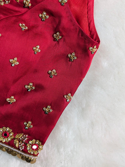 Maroon Red Embroidered Bridal Blouse with Tassel Tie-Up