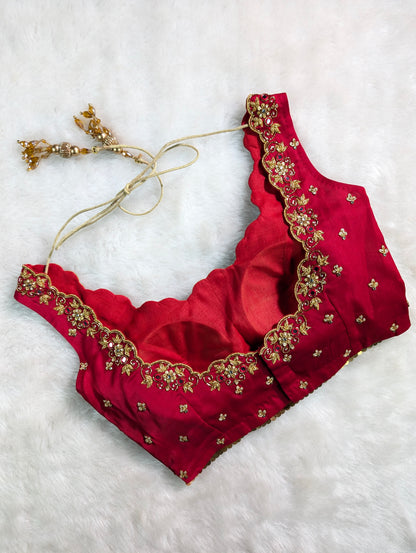 Maroon Red Embroidered Bridal Blouse with Tassel Tie-Up