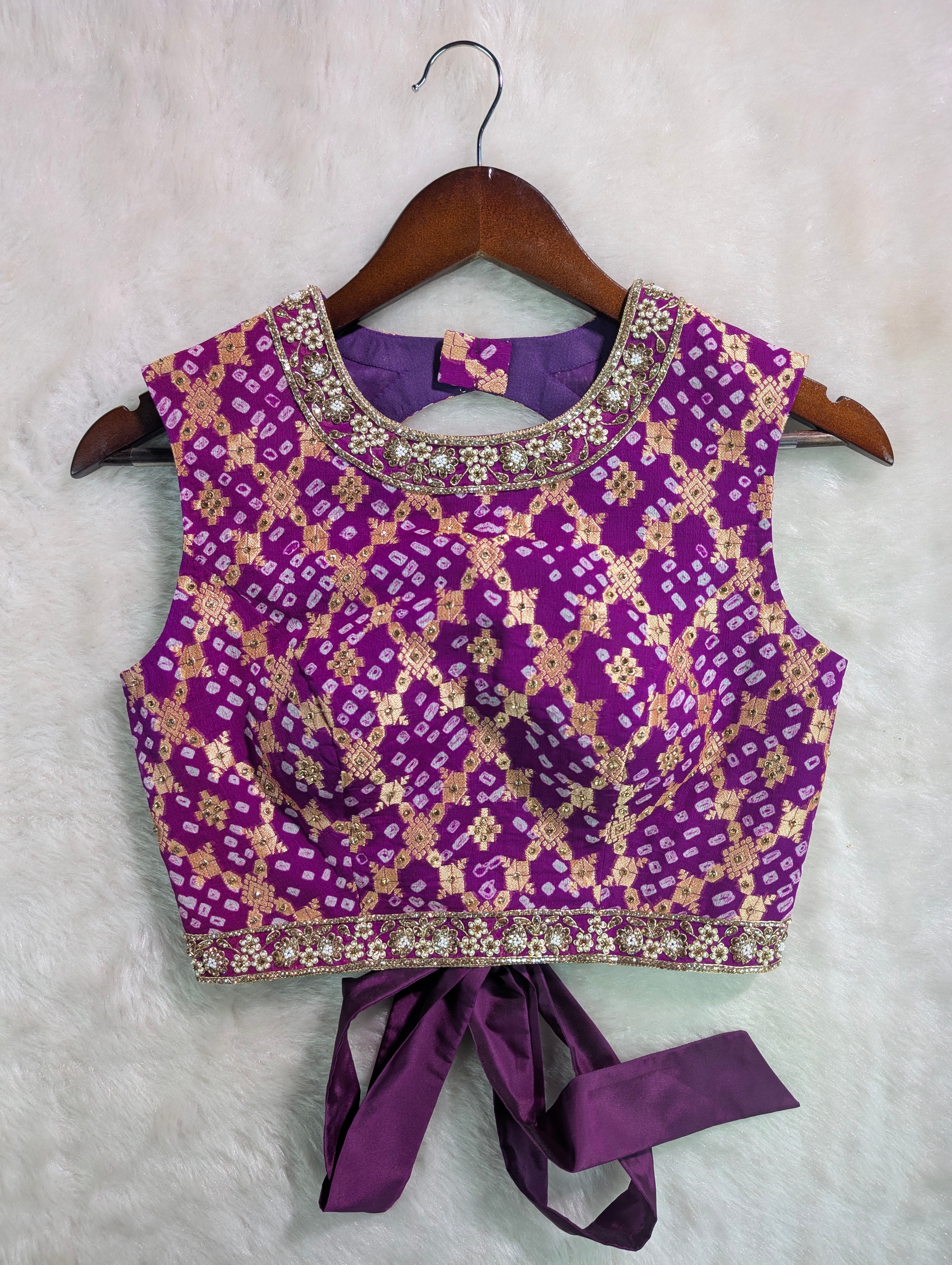 Purple Banarasi Gerogette with Hand Bandhani Embroidered Blouse