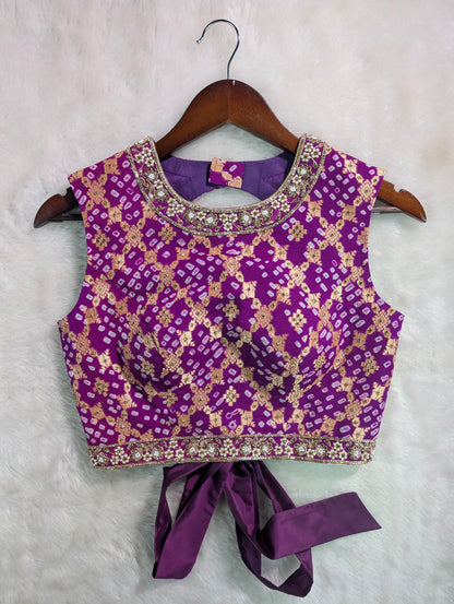 Purple Banarasi Gerogette with Hand Bandhani Embroidered Blouse