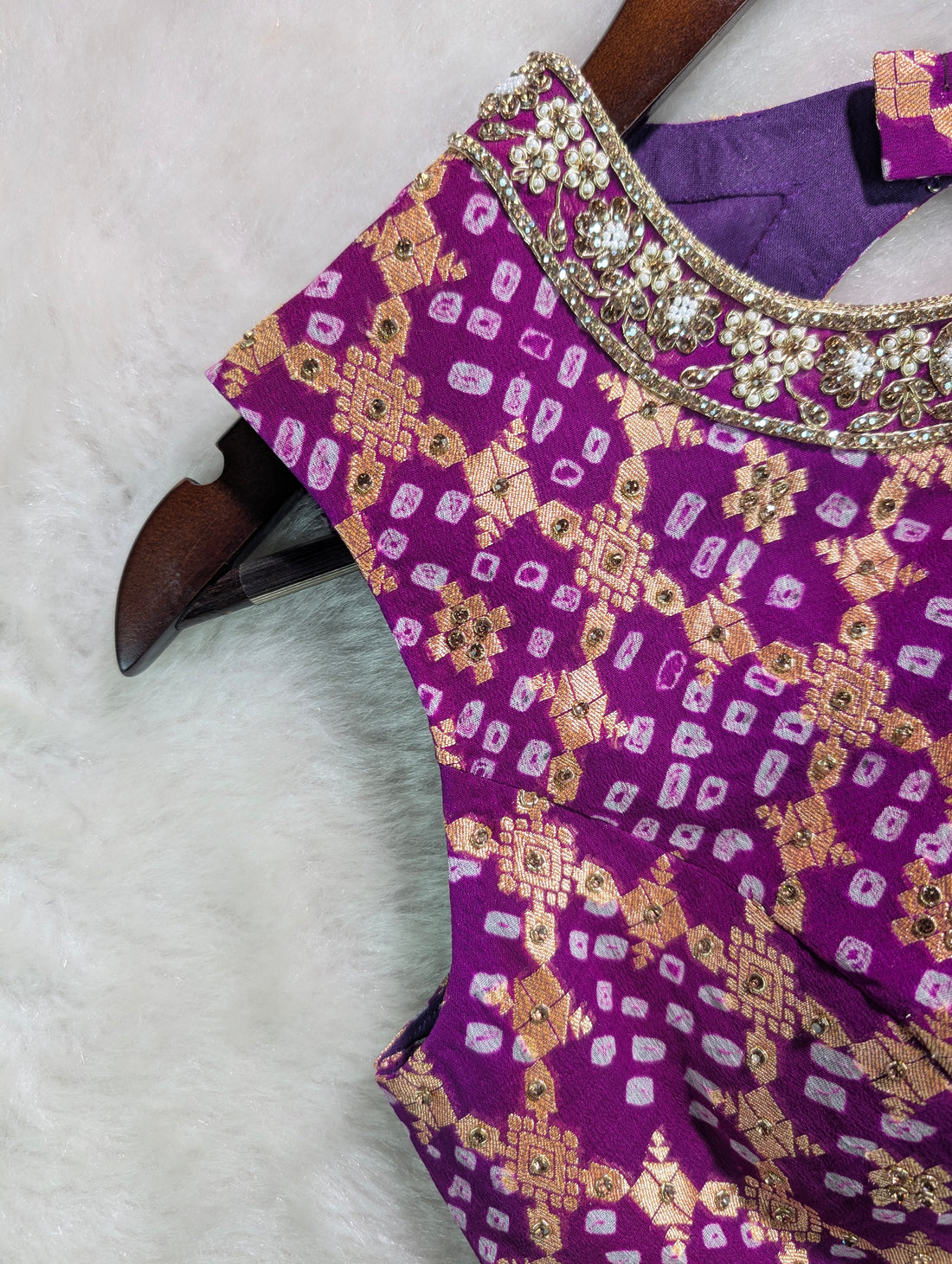 Purple Banarasi Gerogette with Hand Bandhani Embroidered Blouse