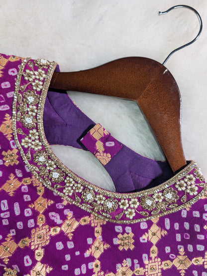 Purple Banarasi Gerogette with Hand Bandhani Embroidered Blouse