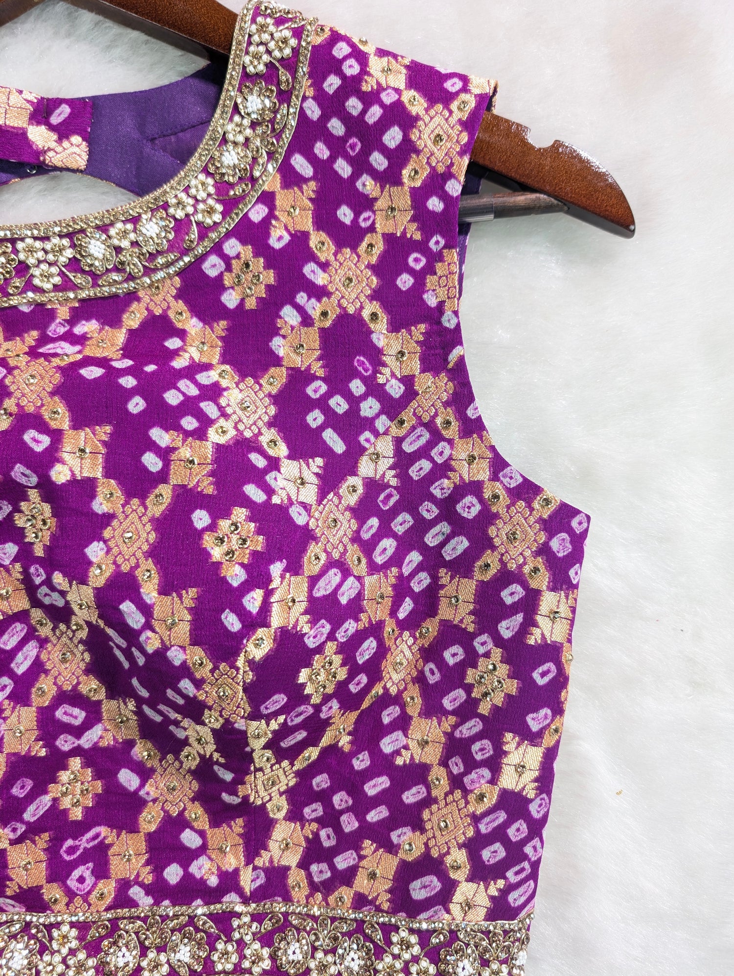 Purple Banarasi Gerogette with Hand Bandhani Embroidered Blouse