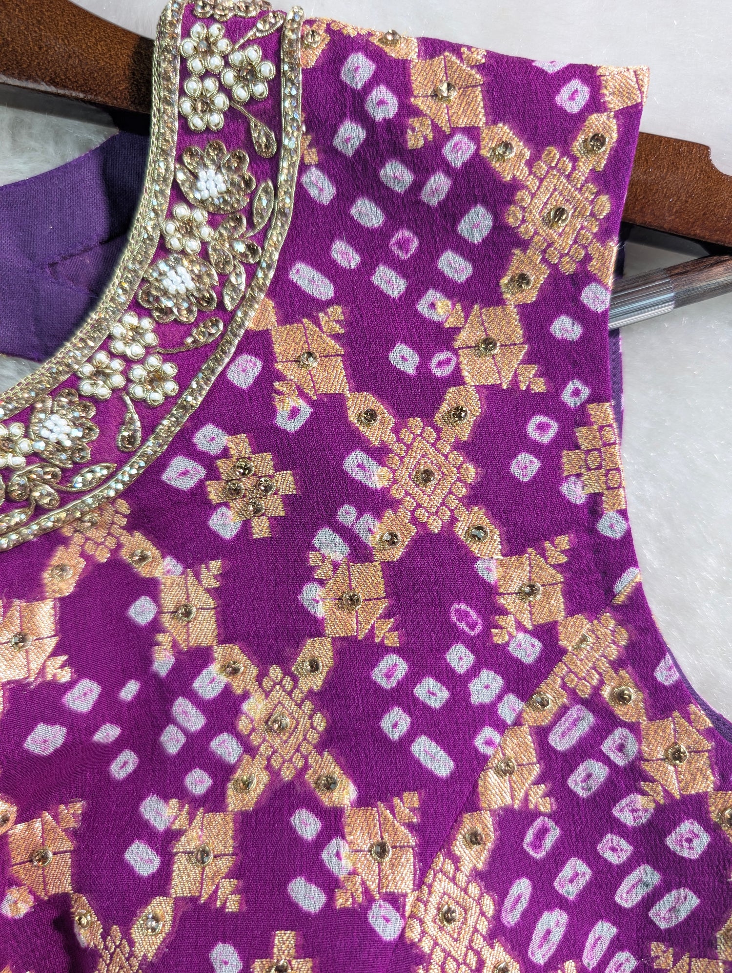 Purple Banarasi Gerogette with Hand Bandhani Embroidered Blouse