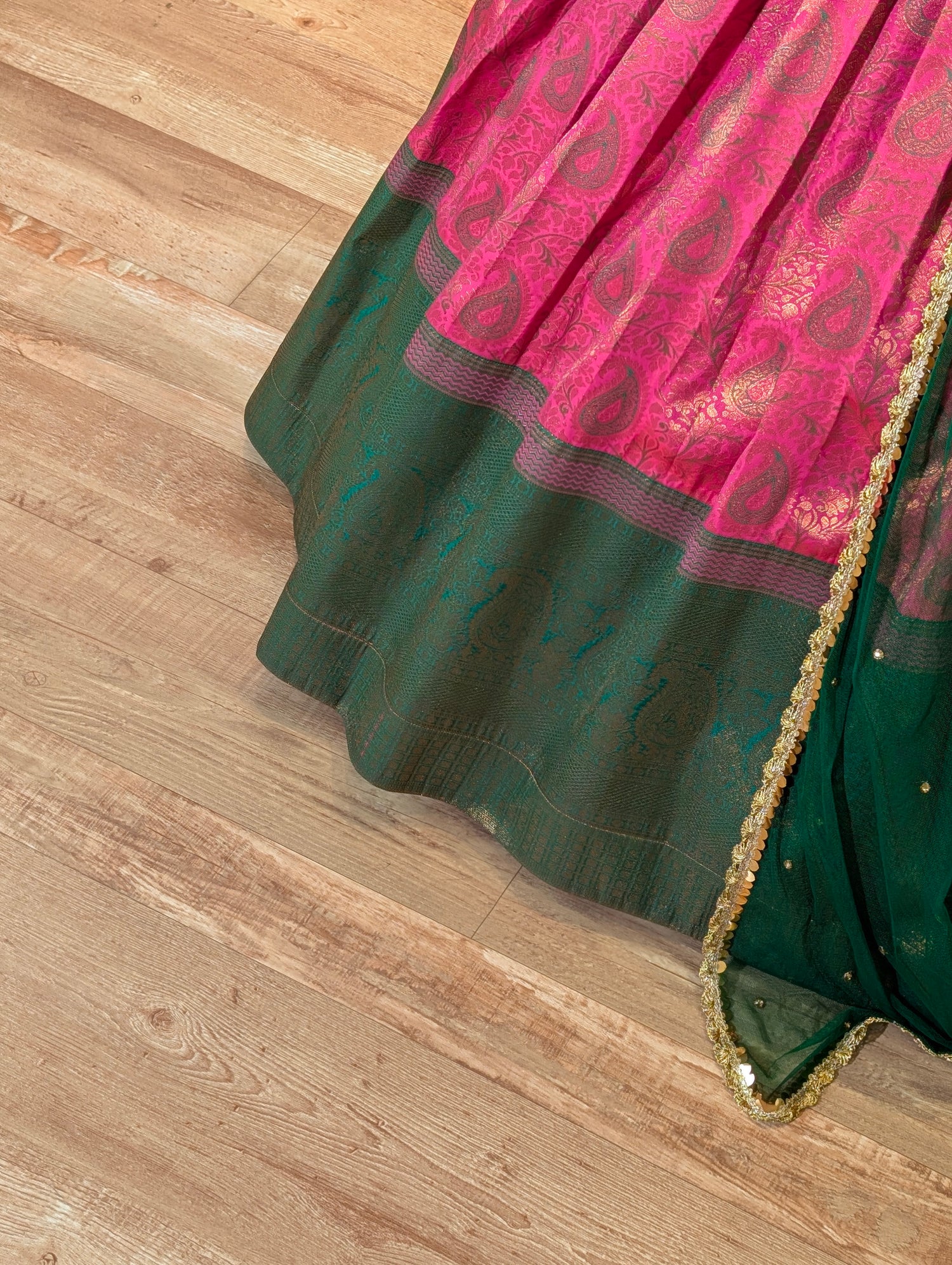 Royal Green &amp; Pink Kanchipuram Lehenga Set