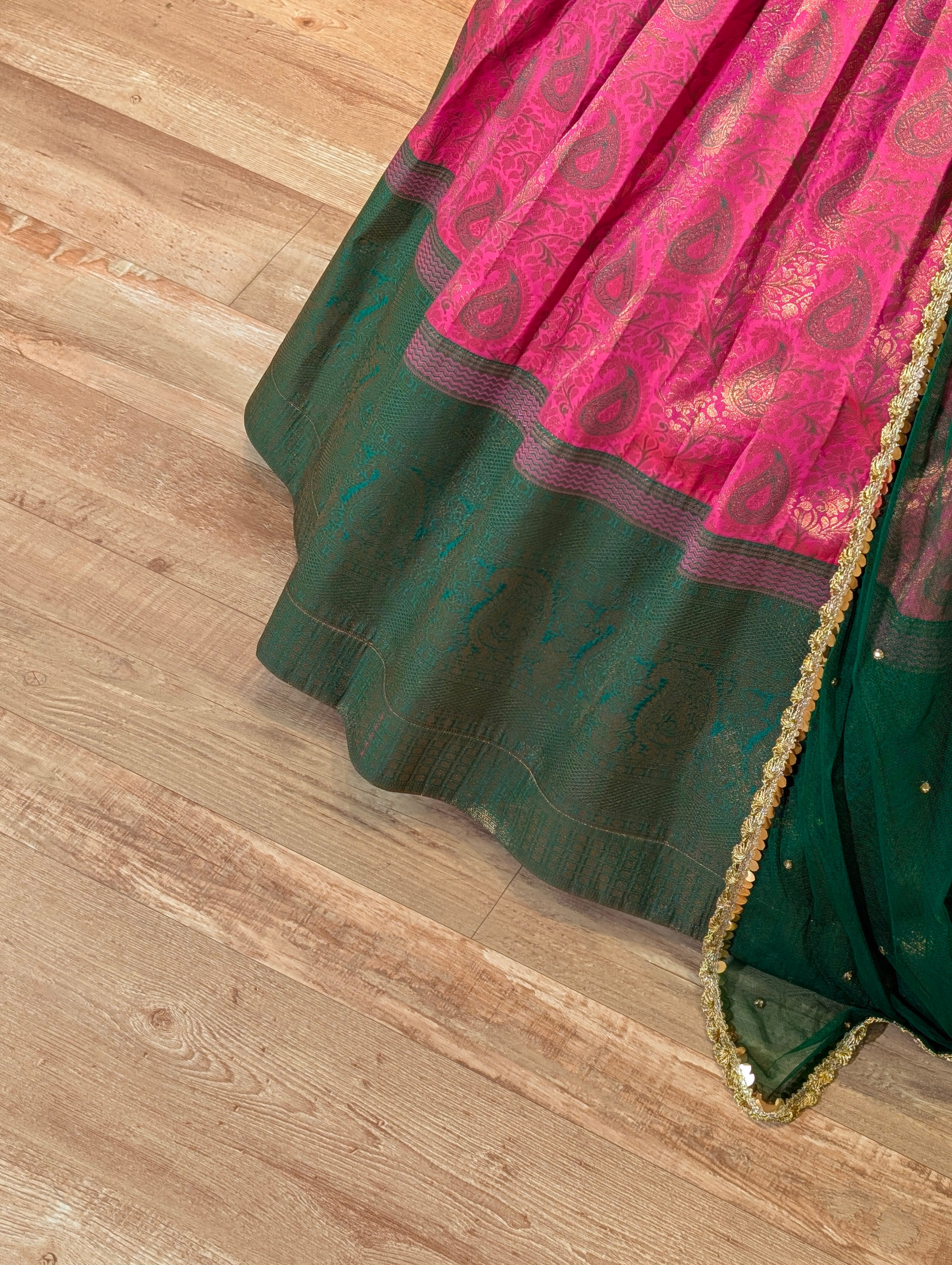 Royal Green &amp; Pink Kanchipuram Lehenga Set