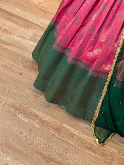 Royal Green &amp; Pink Kanchipuram Lehenga Set