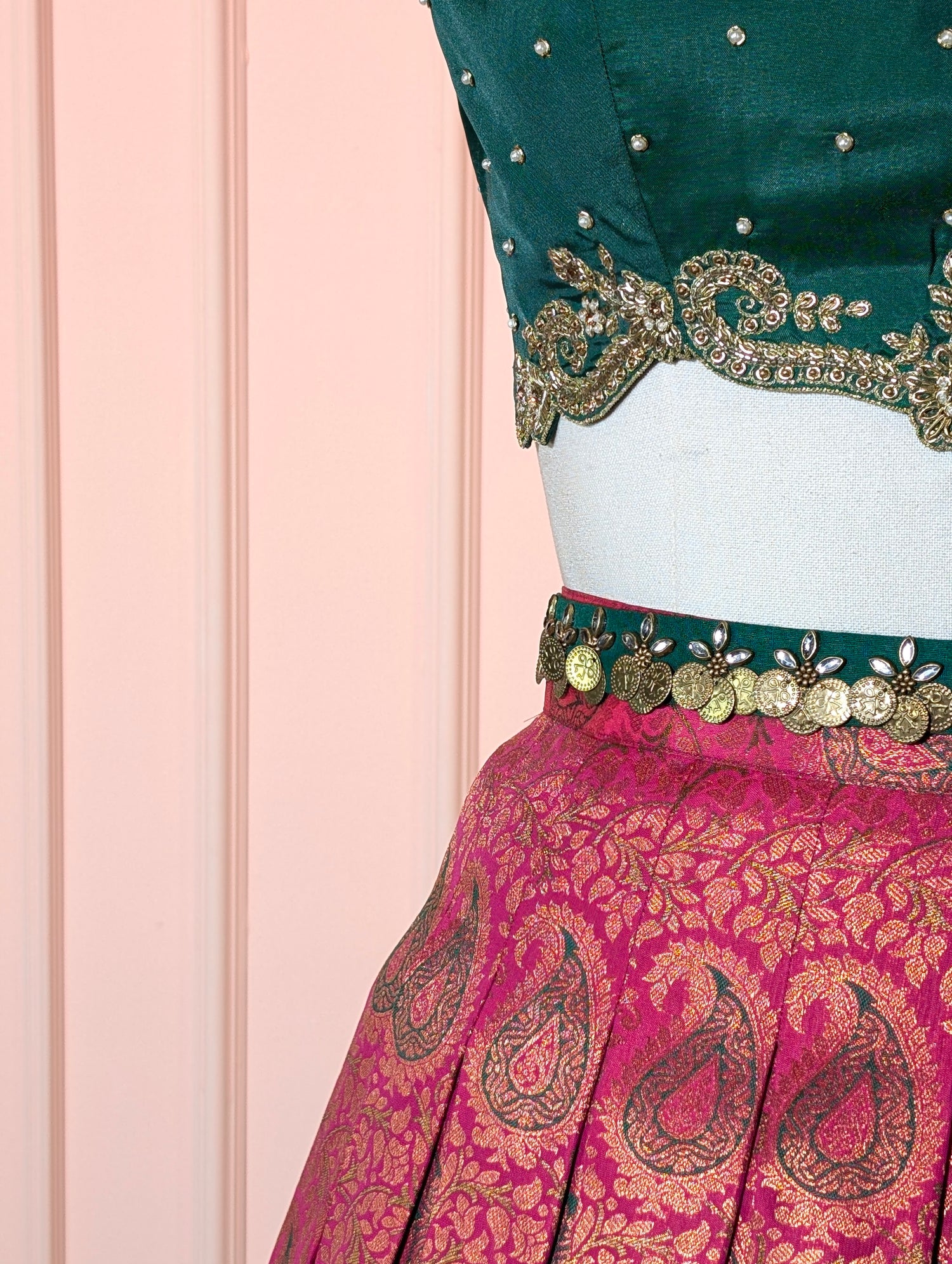 Royal Green &amp; Pink Kanchipuram Lehenga Set
