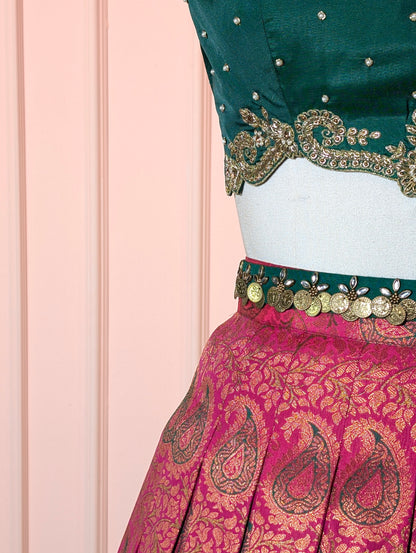 Royal Green &amp; Pink Kanchipuram Lehenga Set