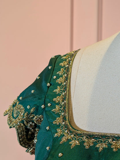 Royal Green &amp; Pink Kanchipuram Lehenga Set