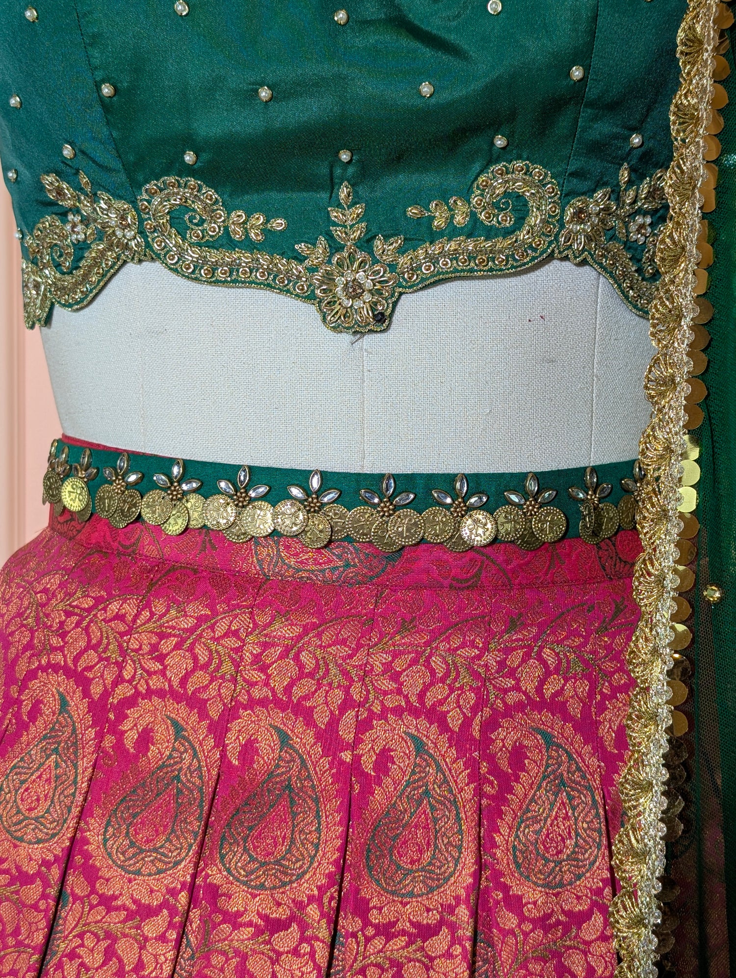 Royal Green &amp; Pink Kanchipuram Lehenga Set