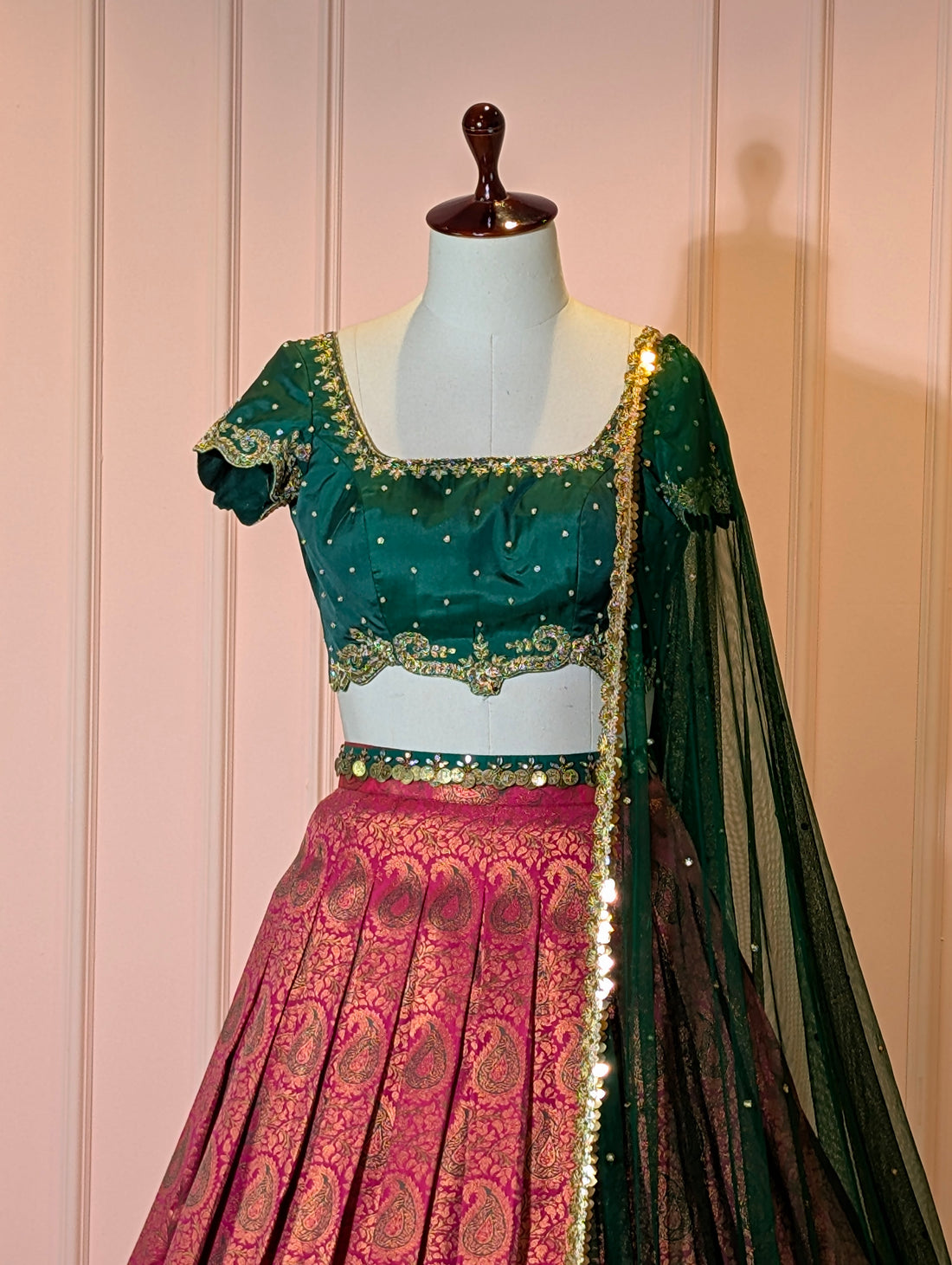 Royal Green &amp; Pink Kanchipuram Lehenga Set