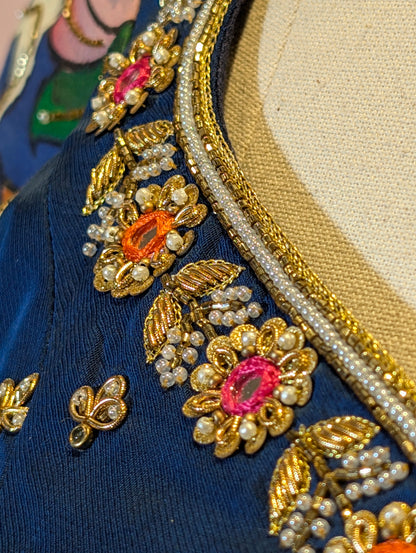 Navy Blue Ikat Print Lehenga with Pen Kalamkari Blouse