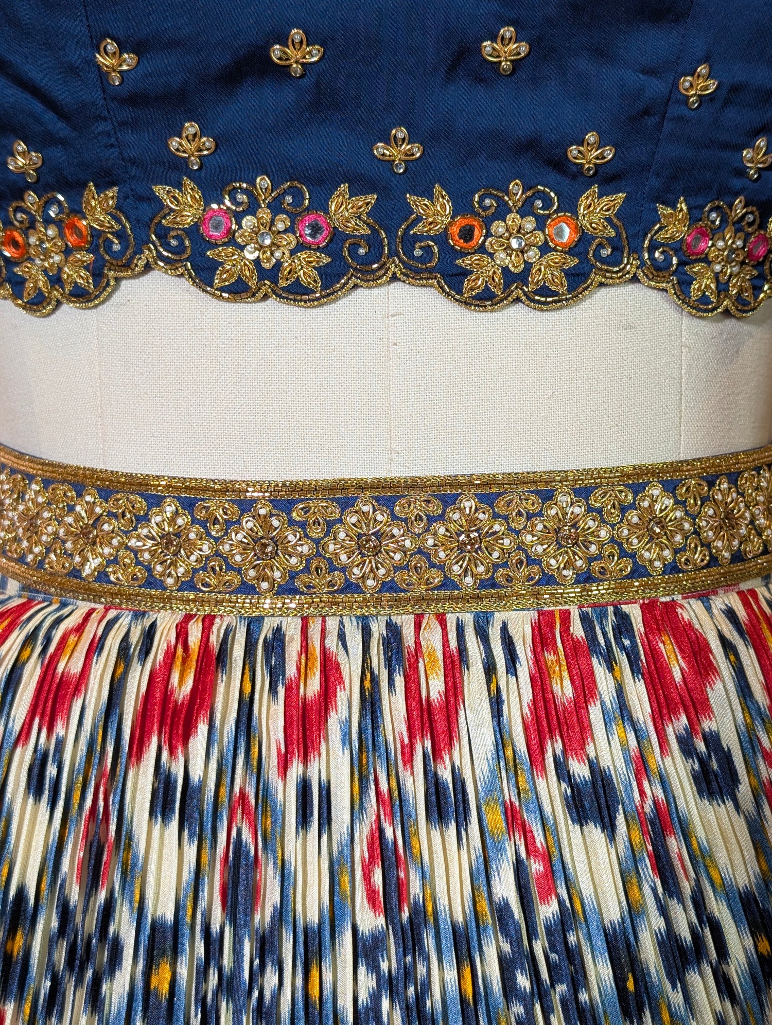 Navy Blue Ikat Print Lehenga with Pen Kalamkari Blouse