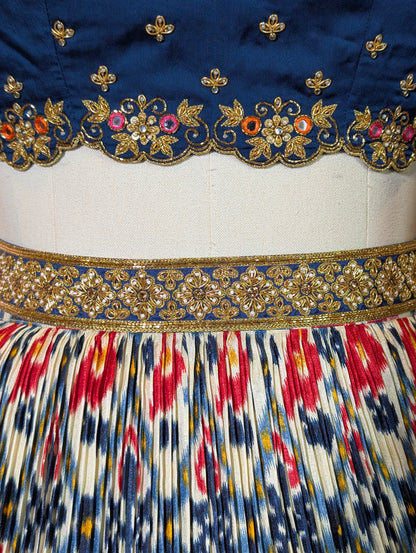 Navy Blue Ikat Print Lehenga with Pen Kalamkari Blouse