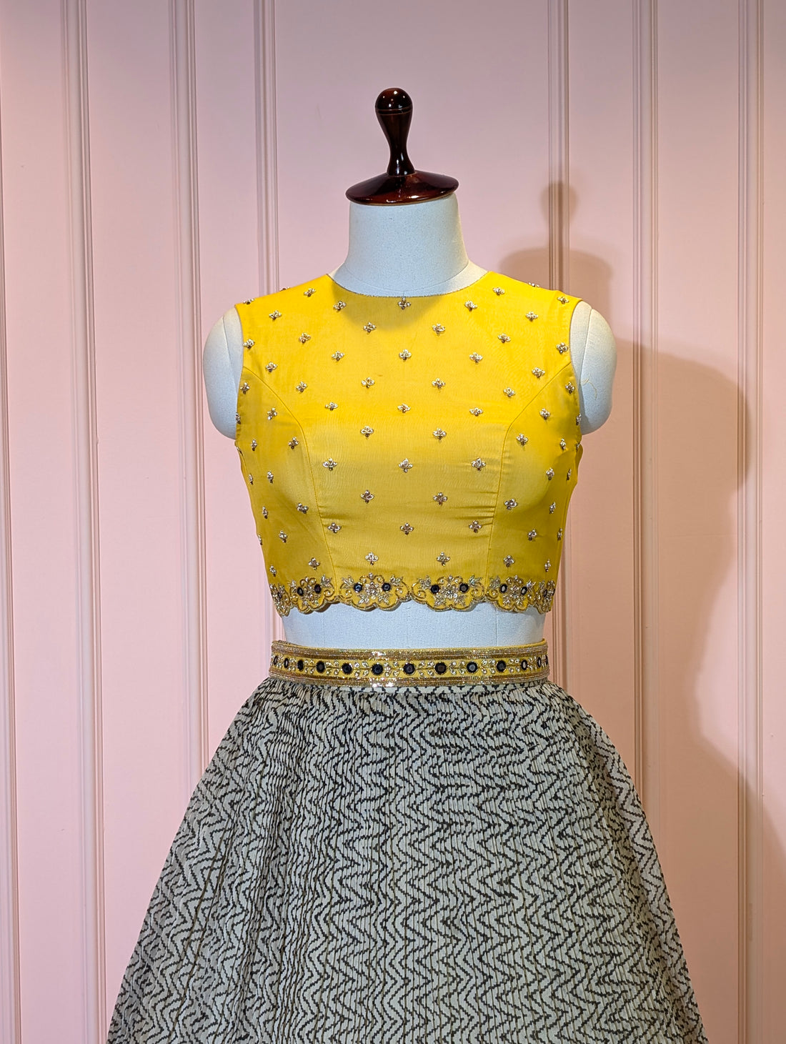 Yellow Embellished Crop Top with Printed Skirt