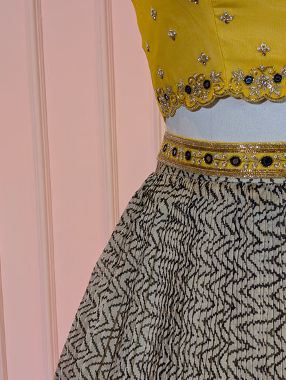 Yellow Embellished Crop Top with Printed Skirt