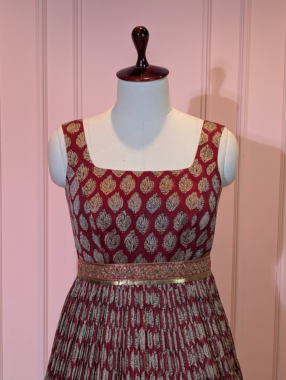 Maroon Gold Block Print Anarkali Gown