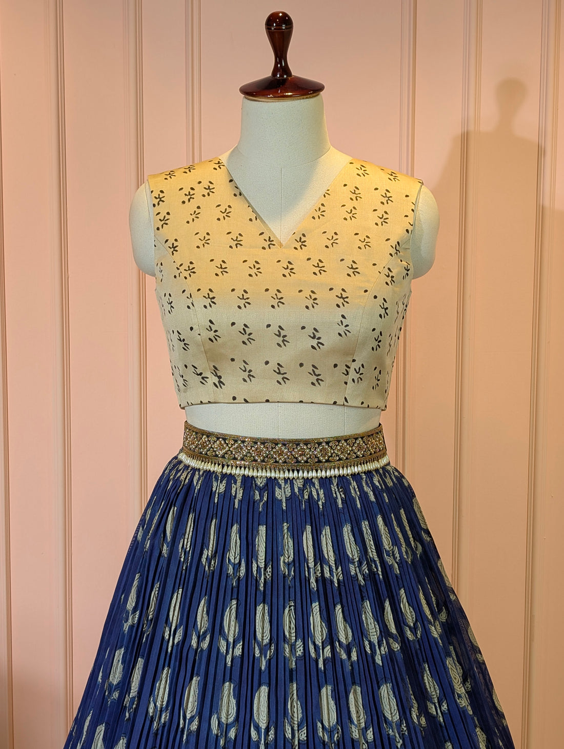 Hand Block Printed Indigo Crop Top Skirt