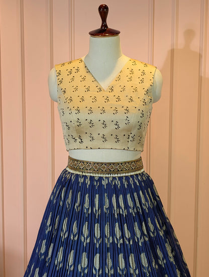 Hand Block Printed Indigo Crop Top Skirt