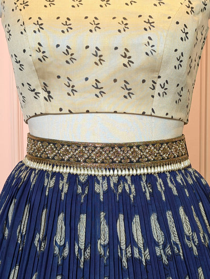 Hand Block Printed Indigo Crop Top Skirt