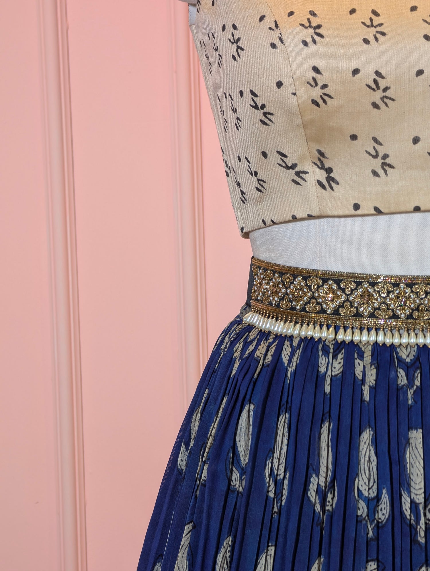 Hand Block Printed Indigo Crop Top Skirt