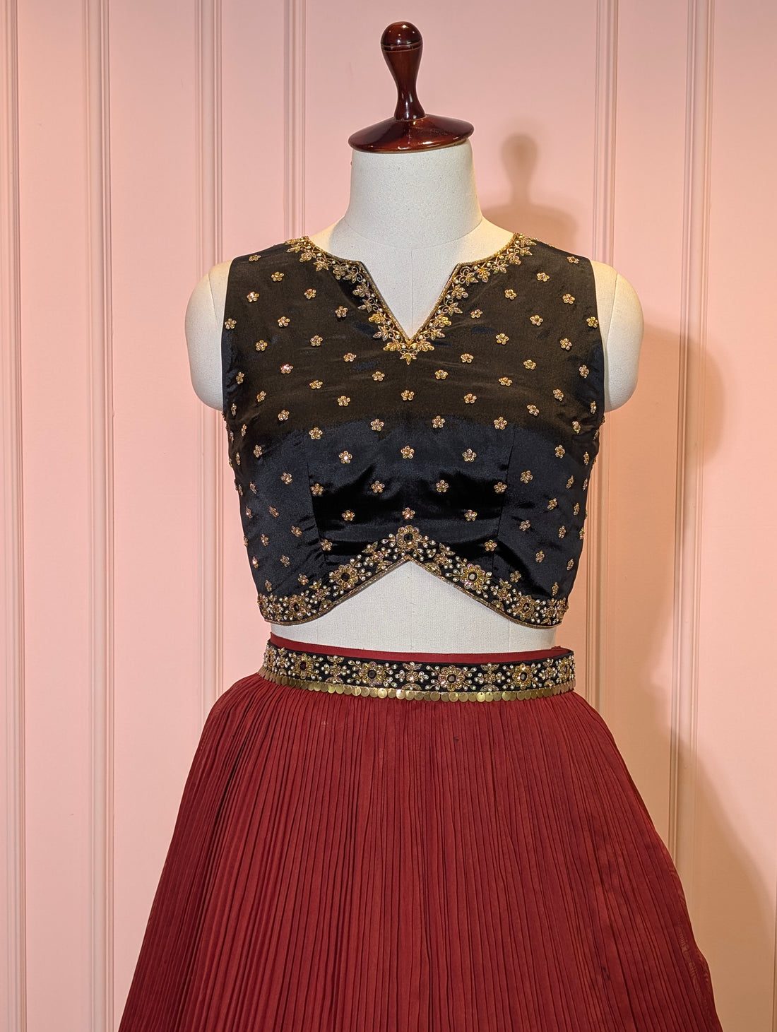 Midnight Black &amp; Maroon Crop top Skirt